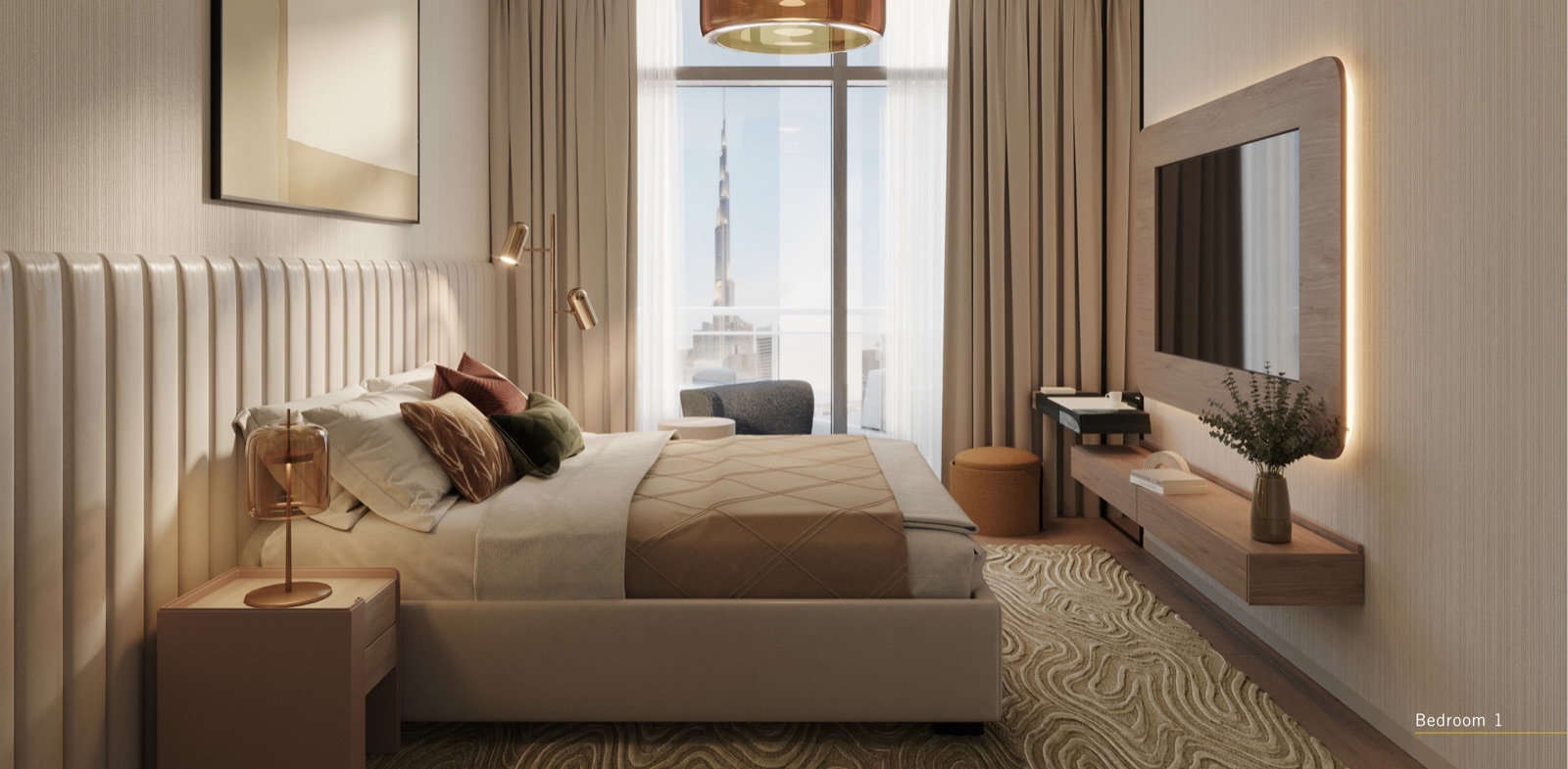One bedroom residence interior with Dubai skyline view