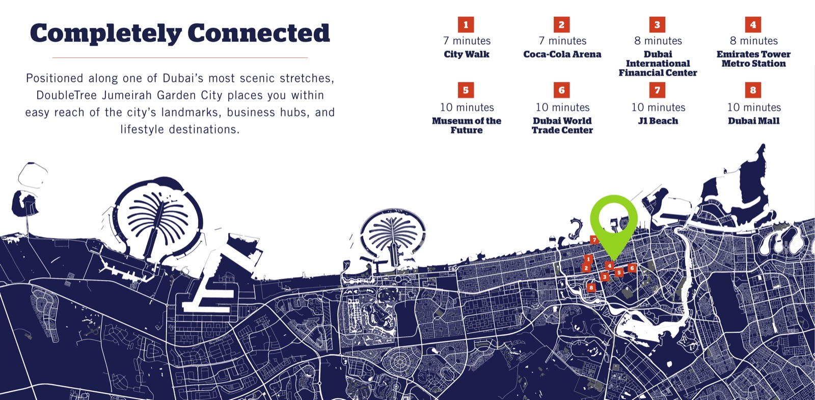 Map of DoubleTree by Hilton JGC connectivity to Dubai landmarks